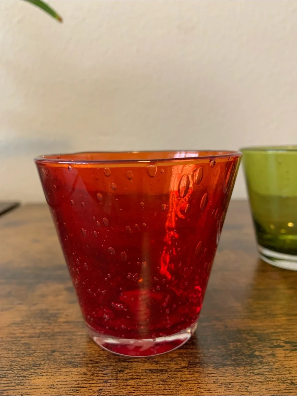 Set of 3 Vintage Red & Green Bubble Glass Small Glasses (or Votive Holders)